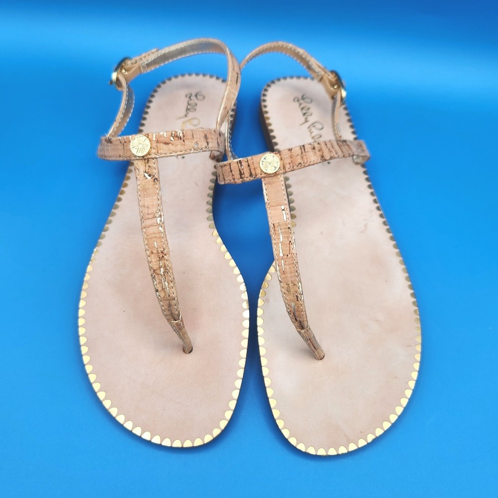 Lilly‎ Pulitzer Rita Gold Flecked Cork T-Straps Sandals Womens 7M